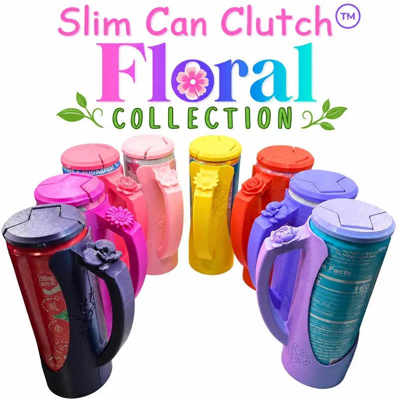 12oz Slim Can Clutch with Lid Cover - Lavish Floral Collection (Vibrant Gerbera Daisy, Sunflower, Peony Prints), Exclusive Colors, Sturdy Lightweight Chameleon Kitchenware Drinkware Accessory for Beverages (Energy Drinks), Hand Wash Safe for Festivals