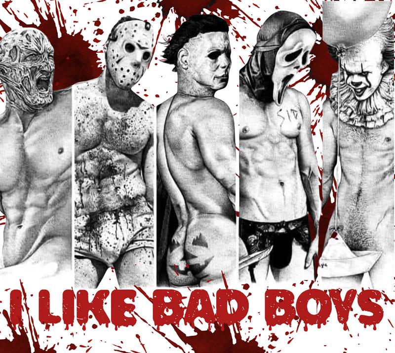 “I Like Bad Boys” Horror Villains Tumbler – Funny 20oz Metal Cup Featuring Freddy, Jason, Michael, Ghostface & Pennywise – Halloween Gift for Horror Fans
