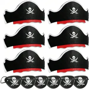 3/1 pcs-Halloween Felt Pirate Hat with Skull Eye Mask, Caribbean Pirate Costume Accessory, Role Play Hat, Halloween Party Decorations