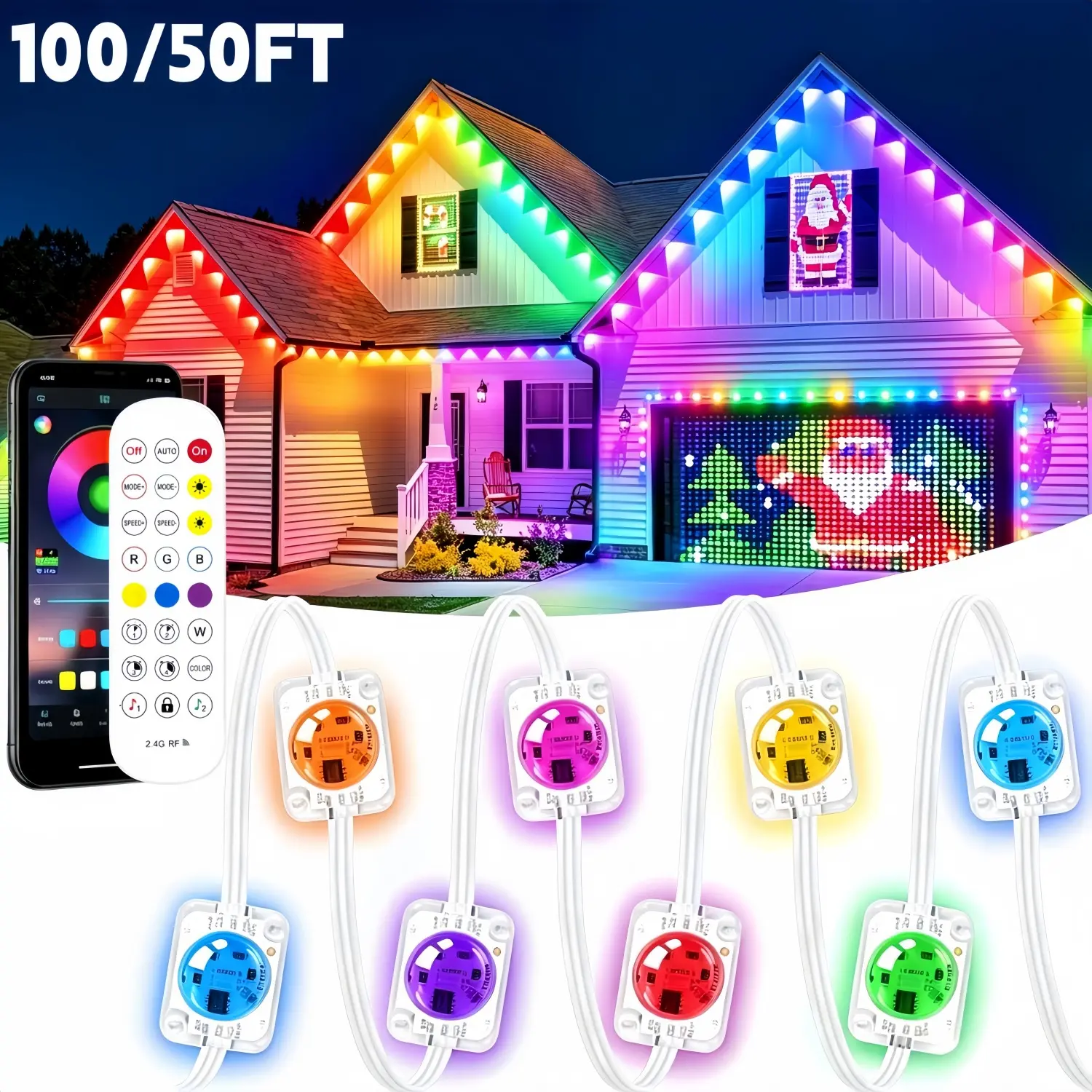 50/100FT， Outdoor eaves light, Halloween and Christmas party smart RGB eaves light, backyard decoration LED light string, with Bluetooth function and APP control, IP67 waterproof outdoor light string, suitable for house, courtyard and party decoration