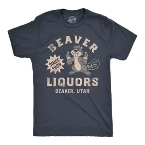Mens Beaver Liquors T Shirt Funny Booze Bottle Drinking Joke Tee for Guys Mens Funny T Shirts Cool Vintage Fashion T-Shirt Gift Classic Menswear Drinking Apparel for Men Funny Animal Short Sleeve Novelty Tees Navy -