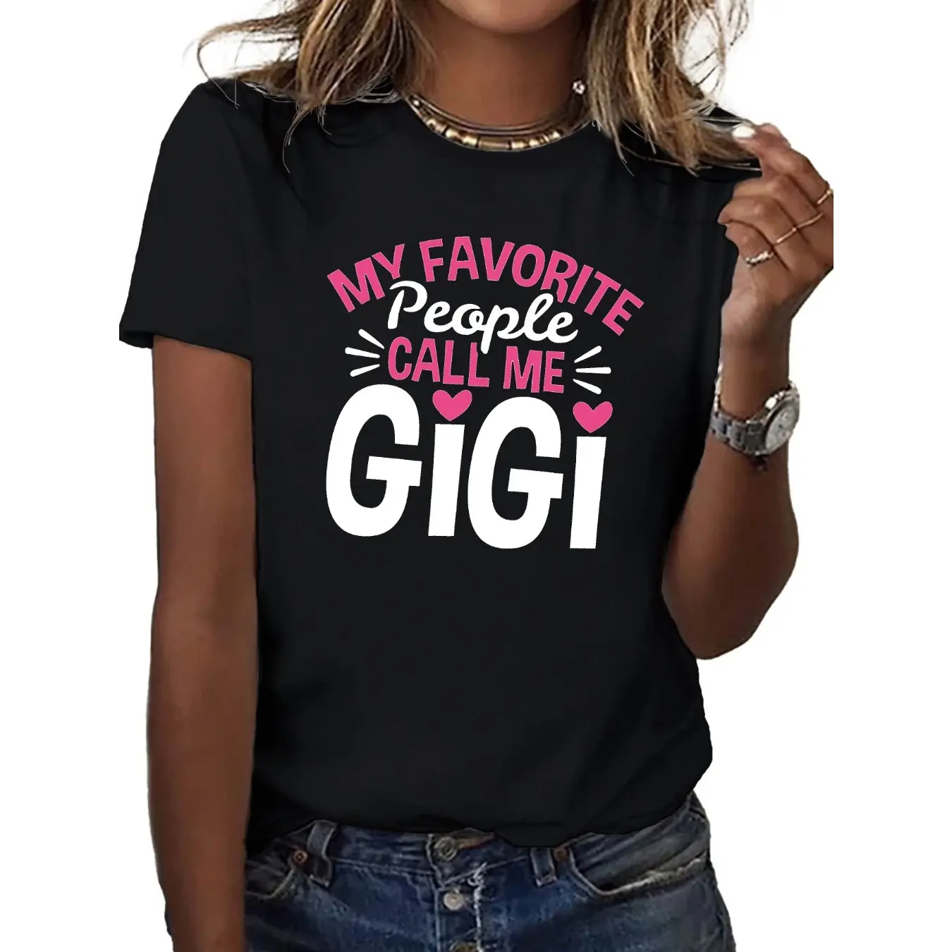 Women's Cotton Printed Customized Fitted Graphic T-Shirt - "My Favorite People Call Me Gigi" Print, Round Neck, Short Sleeve, No Excess Bulk, Black with Pink Lettering, Casual, Machine Washable, Xxl, Letter Graphic Women's T-Shirts, Pink Graphic Text Wome