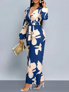 Elegant V Neck Floral Print Lantern Sleeve Wide Leg Jumpsuit, Vintage Women's Fashion One Piece for Daily Wear, Spring, Comfortable & Stylish