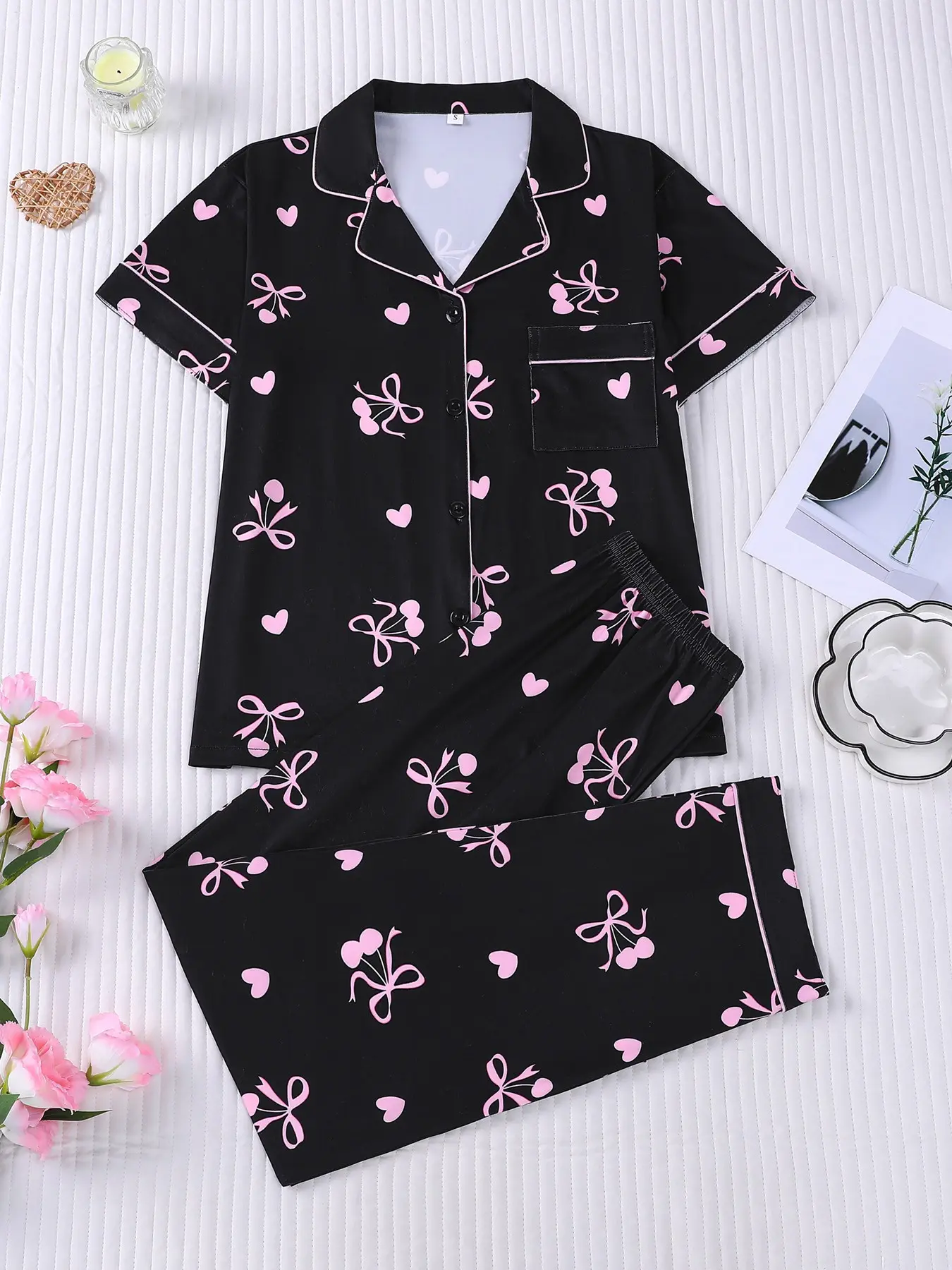 Women's 2-Piece Black & Pink Bow, Cherry & Heart Print Pajama Set, Sweet Coquette Loungewear with Contrast Piping, Short Sleeve Lapel Top with Small Pocket & Elastic Waist Shorts, Soft Comfy All-Season Sleepwear