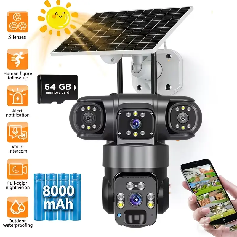 4K/8MP Solar-Powered Wireless Security Camera,camara con panel solar para exterior,Outdoor Low-Power Battery, Color Night Vision CCTV Camera, Equipped With 64GB SD Card, Supports 2.4GHz WiFi, Suitable For Backyard, Warehouse, School, fathersdaygift