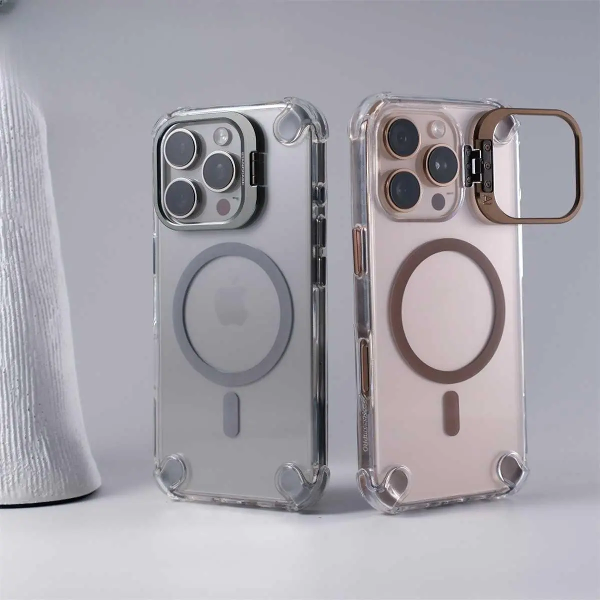 For iPhone 17 Crystal Clear Magnetic Phone Case For iPhone 16 Pro Max Camera Lens Kickstand Four-Corner Drop Protection Cover HNO45PL