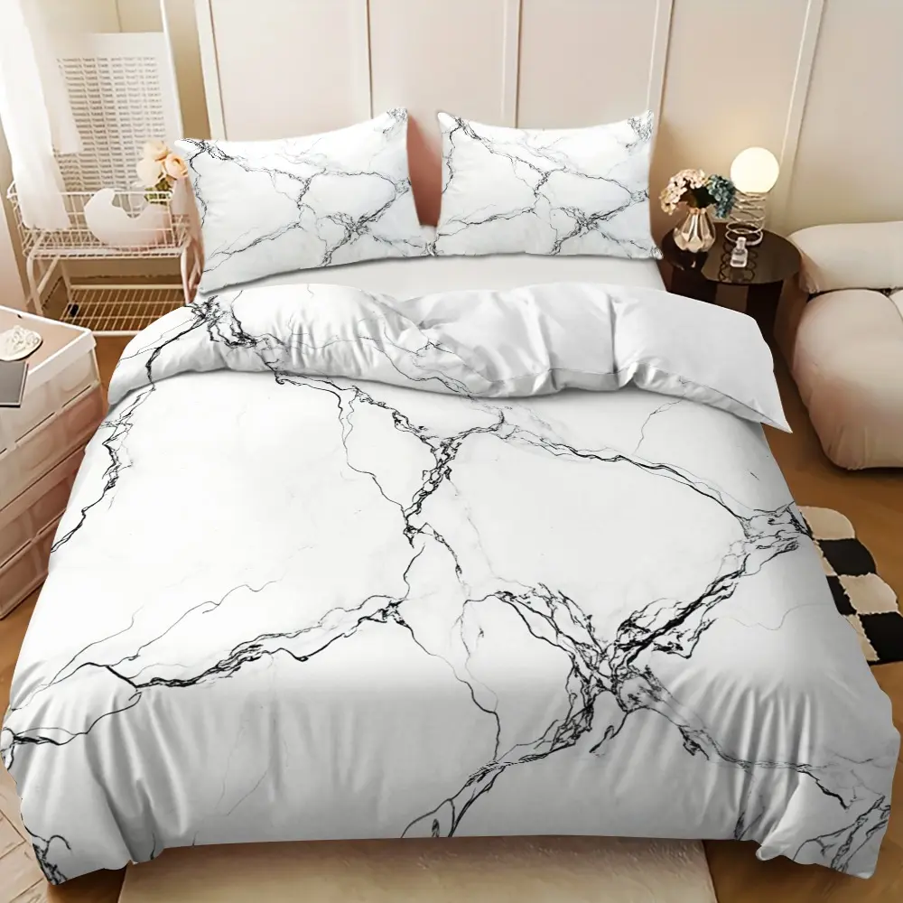 Bedding Set - 3pcs Black and White Marble Pattern Down Comforter Set (1 comforter cover + 2 pillowcases, filling not included) A perfect gift for family and friends, soft and comfortable, suitable for family, Decorative Bedding Set