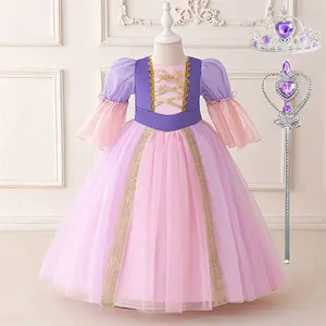 3-8Y with Crown Magic Wand Lilac 075 Cartoon Cosplay Costume Fancy Carnival Kids Clothes Performance Princess Theme Party Holiday Girls Ball Gown Children Cocktail Dress