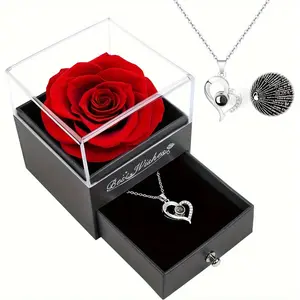 Forever Red Rose Gift Box with Necklace - Real eternal rose with women necklace inside, Enchanted Real Rose Flower for Valentine's Day Anniversary Wedding Romantic Gifts for Her.