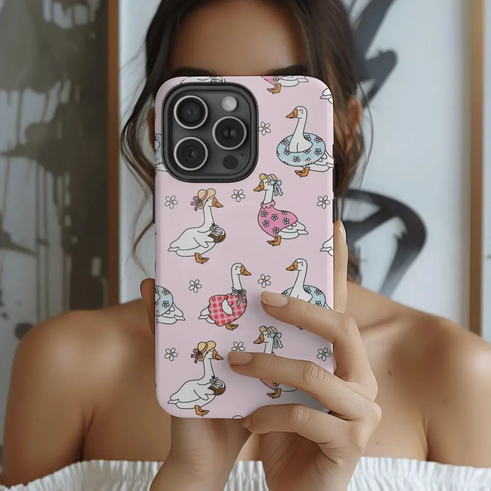 Pink goose sweet dream pattern, durable, shock-absorbing and glossy 2-in-1 phone case, suitable for iPhone 17, 16, 15, 14, 13, 12, 11 X, Samsung and other series models, can be given as a holiday gift to friends or home