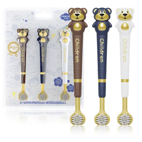 ZMRZ 3-Sided Toothbrush Triple Pack, Japanese Design Manual Toothbrush Set, Cartoon Bear Toothhugger for 3-12 Year-Olds (Autism Toddlers), Soft Bristles for Gentle Gum Care & 360° Clean