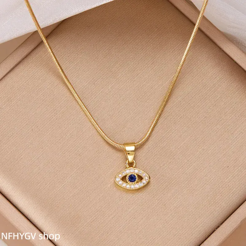 Women Minimalist Gold Tone Short Choker Necklace Clavicle Chain With Turkish Blue Evil Eye Fatima Hand Exquisite Fashion Neck Jewelry Elegant Daily Accessory Ideal Ornament For Casual Wear Party Styling And Daily Outfit Matching
