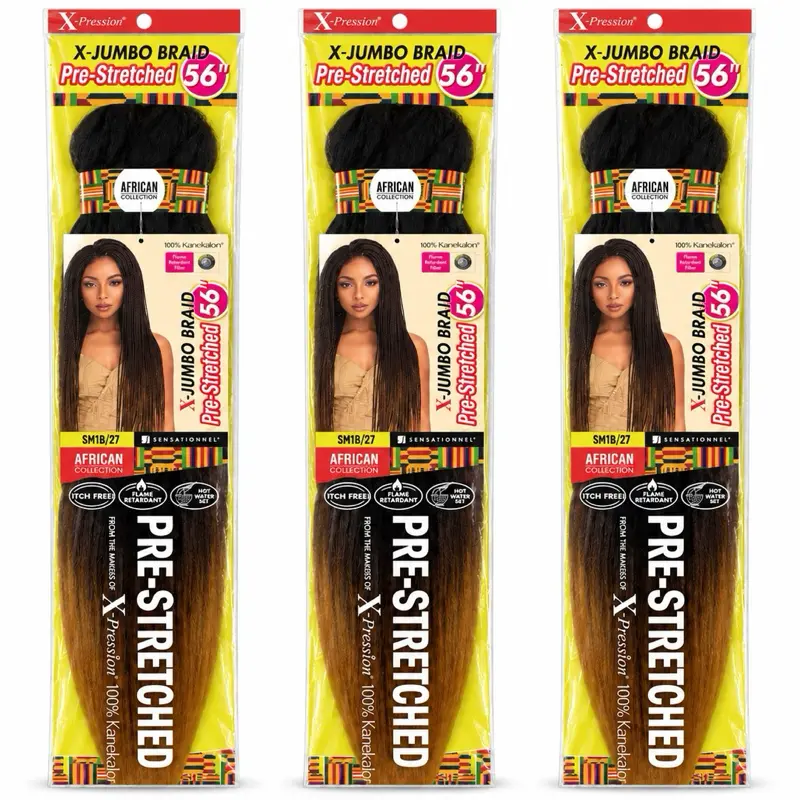 X-Pression 56" X-Jumbo Pre-Stretched Braiding Hair — 2 Pack or 3 Pack, 100% Kanekalon, Itch Free, Hot Water Set