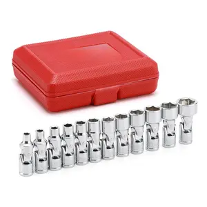 12PCS 1/4" Drive Universal Flex Socket Set, Metric, 5mm to 15mm, 6-Point, CR-V, Swivel Head, 360 Degree Access