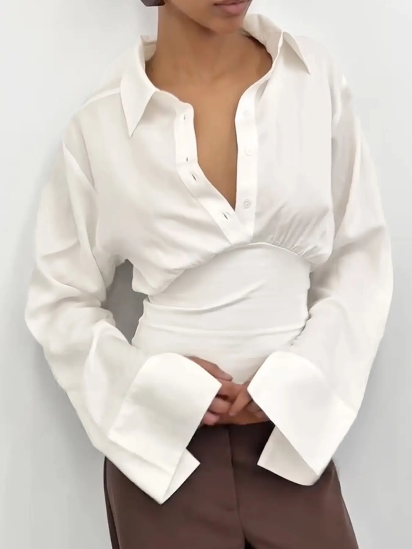 Women's Sexy Chic Basic Casual Fashion Collared Commuter V-Neck Button Front Pullover Blouse Shirt Button Up Blouses Womenswear, Solid Color Long Sleeve Slim-Fit Fitted Elastic Waist Top for Spring & Fall Casual Wear