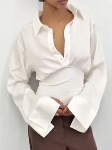 Women's Sexy Chic Commuter V-Neck Button Front Pullover Blouse Shirt, Solid Color Long Sleeve Slim-Fit Elastic Waist Top for Spring & Fall Casual Wear