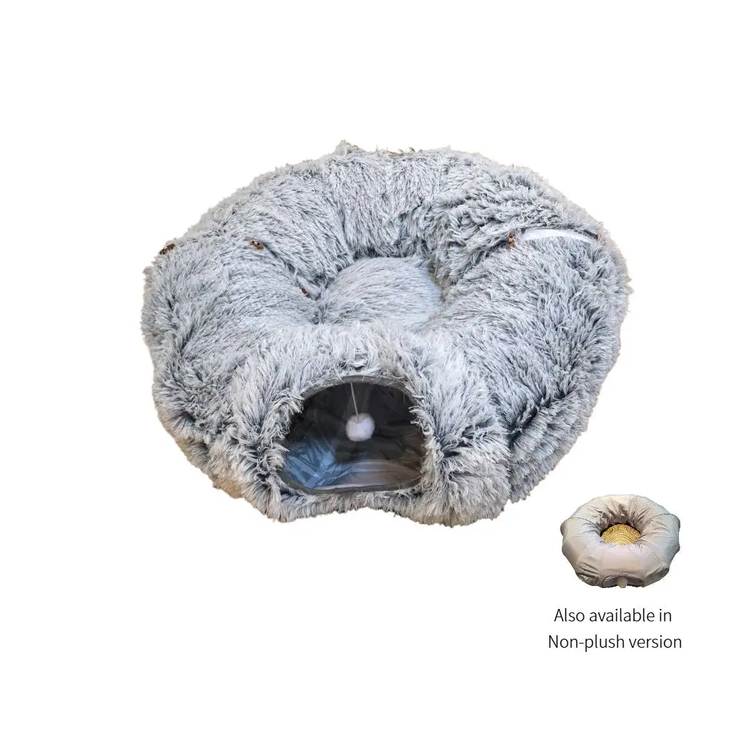 Foldable 2 in 1 Cat Tunnel & Bed with Mat in the Middle, Soft Plush or Non-Plush, Cozy Rest & Play Spot for Cats 84cm Diameter 28cm Height