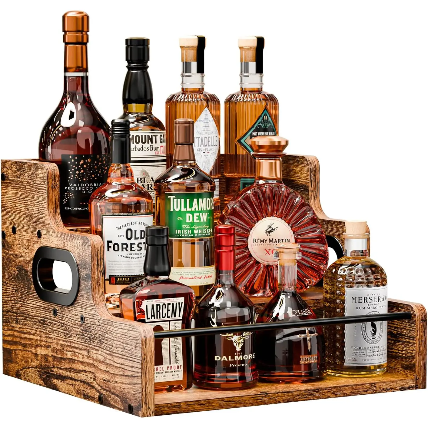 Sturdy Rustic Iron-Wood Kitchenware Organiser - Portable Holder with Handles, Glass Bottle Storage Shelf, Tiered Display for Bar & Wine Utensils