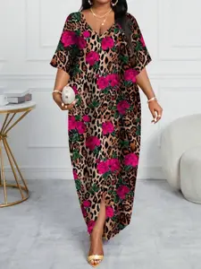 Plus Size Summer Vacation Leopard Print Rose Pattern V Neck Sleeveless Split Dress, Loose Fit Casual Long Skirt, Hiding Belly Comfortable