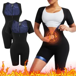 Sauna Suit for Women Sweat Vest Waist Trainer 3 in 1 Full Body Shaper Workout Top with Shorts Sleeve Square Neck Zipper Sleevelss Butt Lifting Shapewear Bodysuit Tummy Control Shaper for Women Body Suit