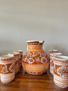 Mexican Hand Made Pottery Agua Fresca Jar and Cup Set Juego de Jarra y Vasos Ceramic Varnished Inside Food Grade Kitchen Ornaments