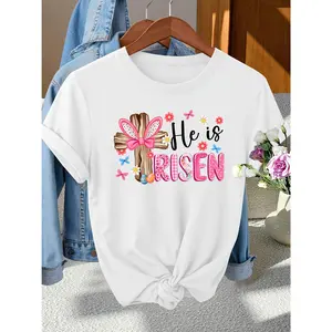 Easter Elegant Party Women's T-Shirt with Bunny Ears and Bow Decoration, Wooden Cross Pattern Print, Round Neck, Short Sleeve for Spring, Summer, and Autumn, Stylish Photogenic Girly Style Pretty Top
