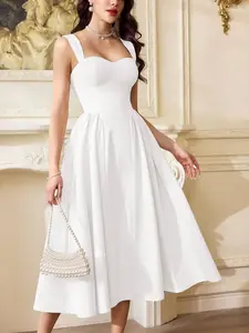 🤍 Vintage Elegant White Dress With Pockets, Perfect For Tea Party, Vacation And Spring Events.