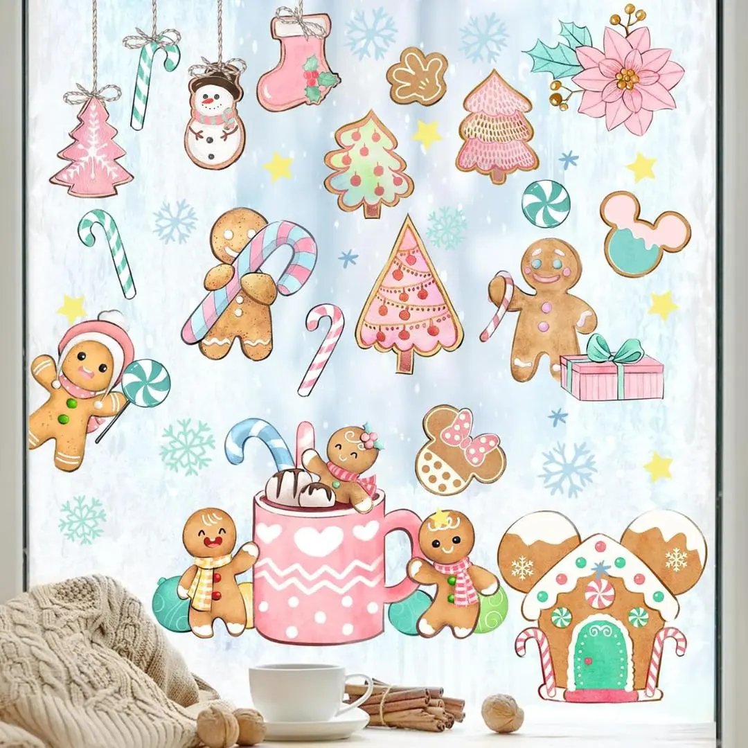 148 PCS Merry Christmas Gingerbread Window Clings 9 Sheets, Xmas Ginger Bread Man Pink Candy Cane House Stickers Decals Decorations, Winter Snowflake Living Room Home Kitchen Decor Holiday Gift