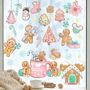 148 PCS Merry Christmas Gingerbread Window Clings 9 Sheets, Xmas Ginger Bread Man Pink Candy Cane House Stickers Decals Decorations, Winter Snowflake Living Room Home Kitchen Decor Holiday Gift