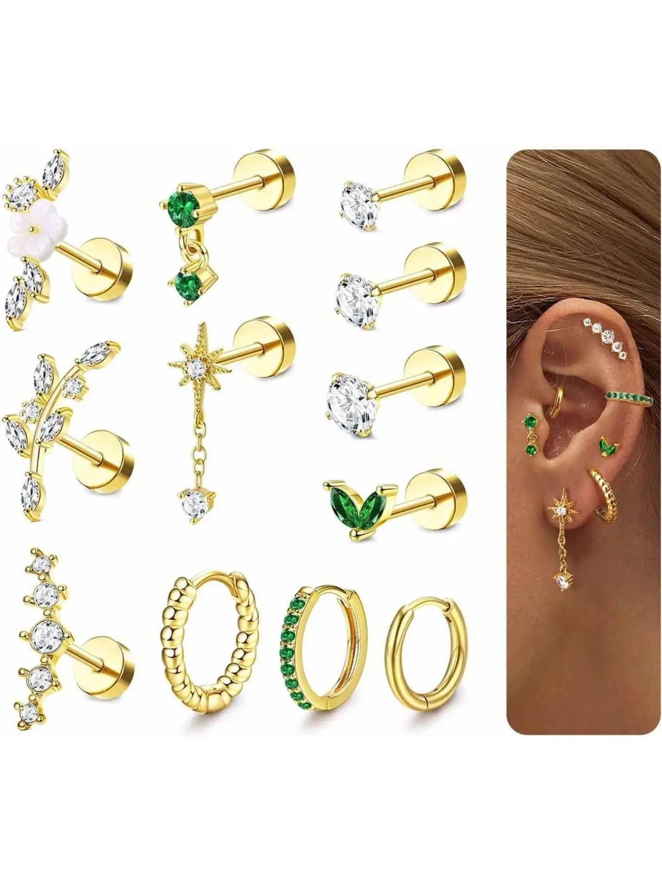 16 Gauge Cartilage Earrings for Women Flat Back Hypoallergenic Post Earrings - Hypoallergenic Stainless Steel Stud Hoop Cartilage Earring Set Daith Conch Tragus Helix Piercing Single PC Earrings Jewelry