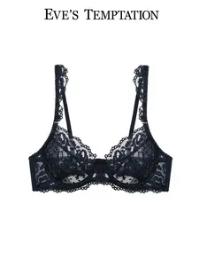 Eva Temptation Blue Danube Sexy Push-Up Women's Plus Size Underwear, Ultra-Thin Floral Lace Bra, Thin Comfortable Lingerie for Everyday Wear