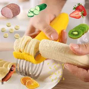 1pcs Stainless Steel Banana Slicer Fruit And Vegetable Salad Peeler Slicer Kitchen Gadget Yellow