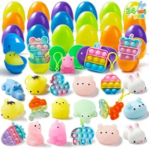 24 PCS Prefilled Easter Eggs with Assorted ToysFilled with Mochi Squishy Toys and Pop Bubble Fidget Keychains,Stress Reliever Toys for Easter Basket Stuffers, Party Favors, Easter Egg Hunt