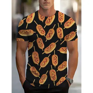 Men's Cartoon Corn Dog Pattern T-Shirt - Playful Ketchup & Mustard Print on Black Background, Casual Short Sleeve Round Neck Tee for Summer