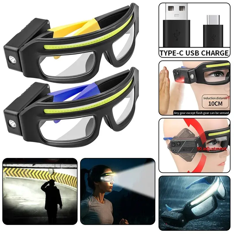 Outdoor Light Multi-Functional Fishing Glasses with Lights, Waterproof Touch Sensor LED Headlamp Rechargeable, Type-C Charging, Warning Light, Portable Design