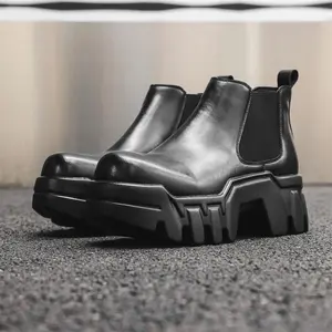 Men's Thick Sole Chunky Leather Boots High Top Slip On Platform Ankle Boots