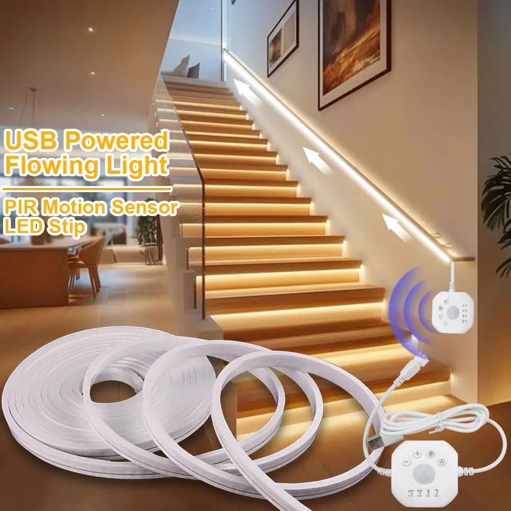 Sensing Light, LED Motion Sensor Light Strip, Led Ambient Lighting, Indoor Lighting, White Warm Neon Flex Strip with USB Interface, for Staircase, Hallway, Wedding Decor, Home Decor Light, LED Mood Light, Led Light Up, Lighting Modes Adjustable