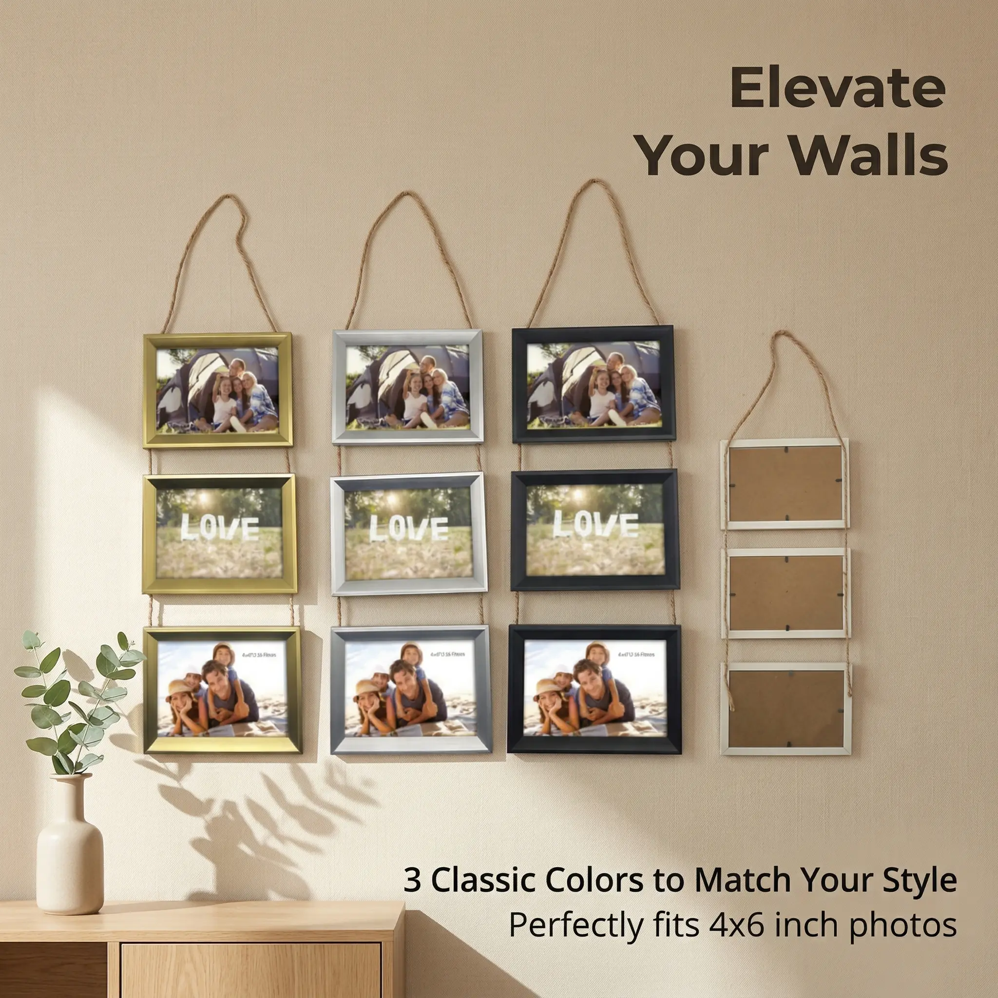 Rustic 3-Opening Hanging Photo Frame Set for 4x6 Photos, Modern Collage Display with Hemp Rope, Vertical Wall Decor for Living Room, Bedroom