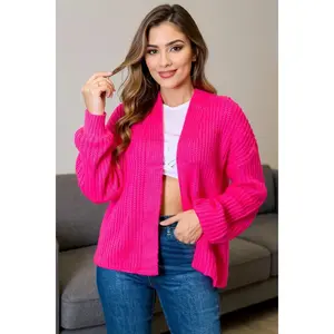 Rib-Knit Open Front Drop Shoulder Cardigan in Hot Pink - Moderate Stretch 100% Brushed Material Machine Washable Imported Fashion