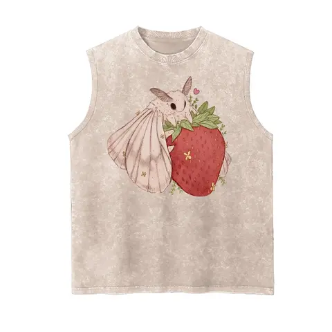 Men's Vintage Strawberry Moth Graphic Tank Top - Loose Classic Muscle/Crew Fit, Distressed Crew Neck, Sleeveless Casual Vest, Unique Fade Pattern, Drape Fabric, Garment-Washed Heavyweight Textured Woven Cotton, Cold-Wash Menswear (Basic, 5xl Multi-Size)