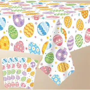 4 Pack Easter Plastic Tablecloth 54 x 108 Inch Oil Painting Easter Eggs Disposable Table Cloth Colorful Eggs Flowers Rectangle Table Covers for Spring Party Tables Decoration Home Kitchen Supplies