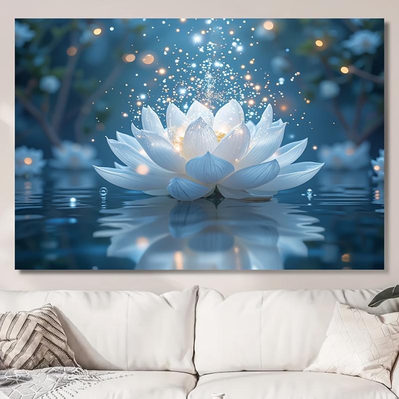 1pc Crystal Lotus Tapestry - Vibrant Blue & White Lotus Flower with Sparkling Lights, Polyester Wall Hanging for Living Room, Bedroom, Office Decor, Party Backdrop, Bedroom Decoration |     Serene Room Accent |     Detailed Petal Design, Lotus Flower Deco