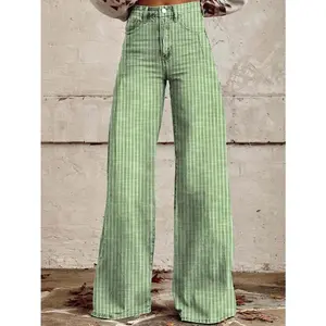 Women’s High-Rise Jeans, Retro Classic Striped Print, Wide-Leg Denim Pants, Boyfriend Jeans with Pockets