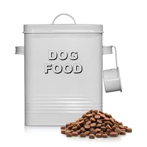 Plexon Metal Dog Food Storage Container with Scoop – Airtight Pet Food Bin, Small & Medium Sizes (1.5–2 Gallon, 5–10 lbs), Galvanized Steel Treat Canister with Lid, White / Off-White