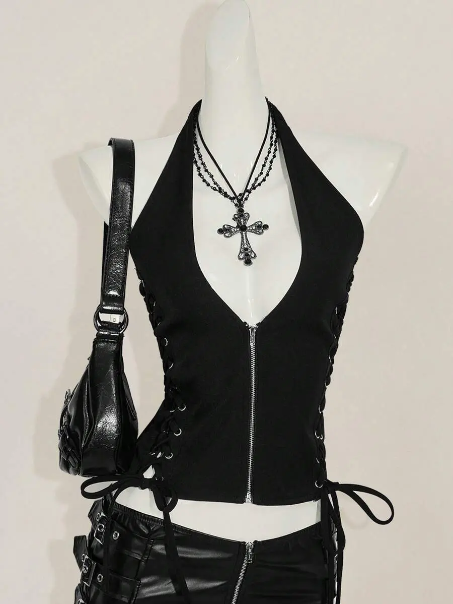 INAWLY Summer Y2K V Neck Going Out Concert Women's Concert Black Goth Sexy Grommet Solid Color Fashion Side Cross Strap Halter Tank Top, Summer