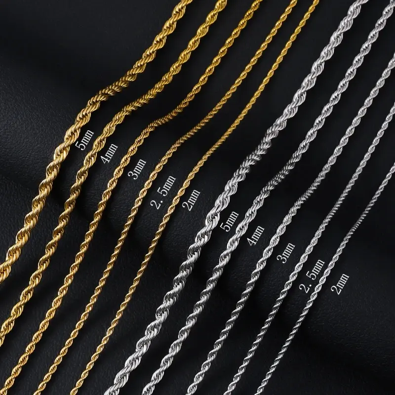 Unisex Gold/Silver Non Tarnish Stainless Steel Twist Chain Necklace - 2/3/5mm Sizes, 18-24in Length, Dainty Layering Men's Jewelry, Stylish Accessories, Daily Wear Gift Chain