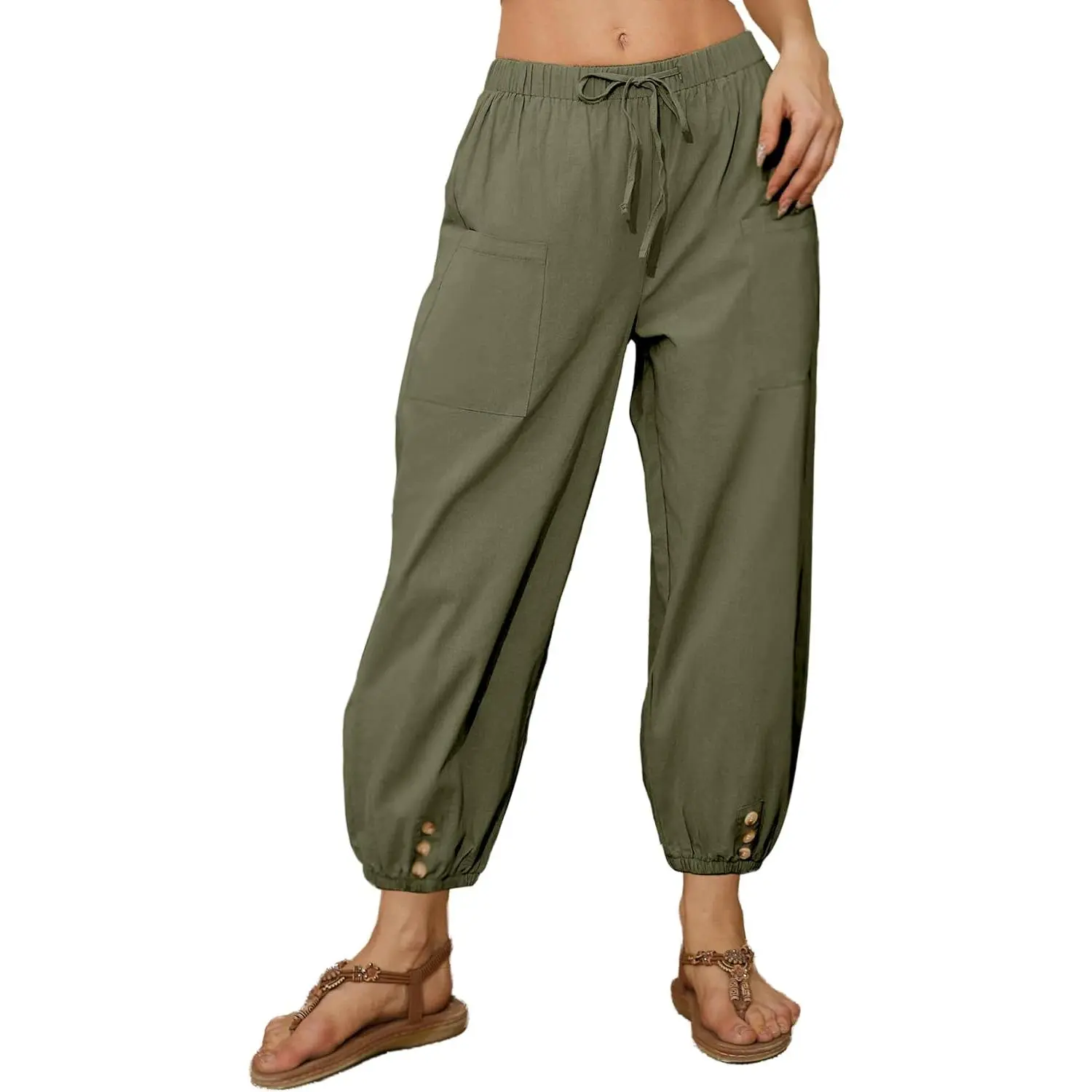 Women's Effortless Loose Fit Cotton Pants, Cropped Harem Joggers with Drawstring Waist and Pockets for Brunch or Beach, Effortless Pants, Workout, Sporty Chic, Park Strolls, Bottom, Lady, Blouse, Basic, Casual Wear, Breathable, Cold Wash, Comfy Style Pant