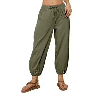 Elastic Waist Drawstring Pants for Women, Loose Fit Lightweight Harem Joggers with Pockets, Ankle Cuffed Casual Pants with Buttons