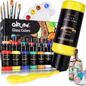 Stain Glass Paint Set, 1 Box Colorful Paint with 6 Brushes & 1 Palette & 1 Sponge, Waterproof Permanent Glass Painting Kit for Arts on Wine Glasses, Bottle and Windows, Diy Painting Supplies