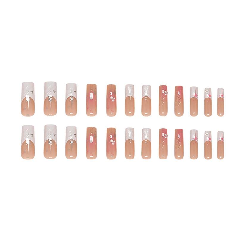 Long Square Press on Nails with 3D Stars Rhinestones Design Glitter Fake Nails Acrylic Nail Tips Full Cover Artificial on Nails Glossy Stick on Nails Nude Pink False Nails for Women Manicure Set